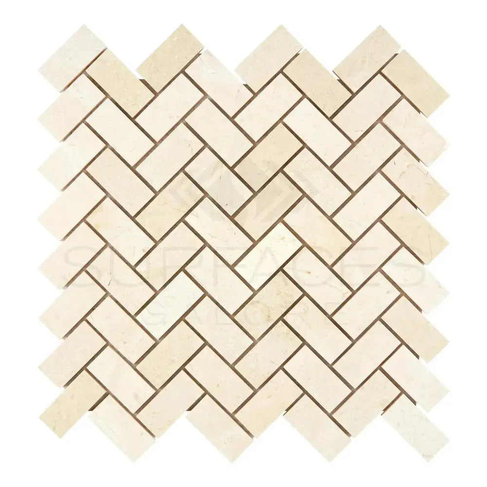 Beige Crema Marfil Select Marble herringbone tile pattern in polished or honed finish