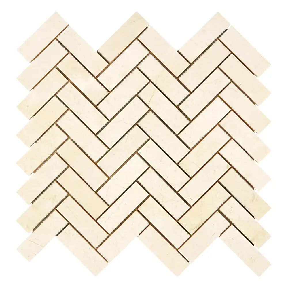 Light-colored Crema Marfil Select Marble Herringbone Mosaic Tile Pattern
