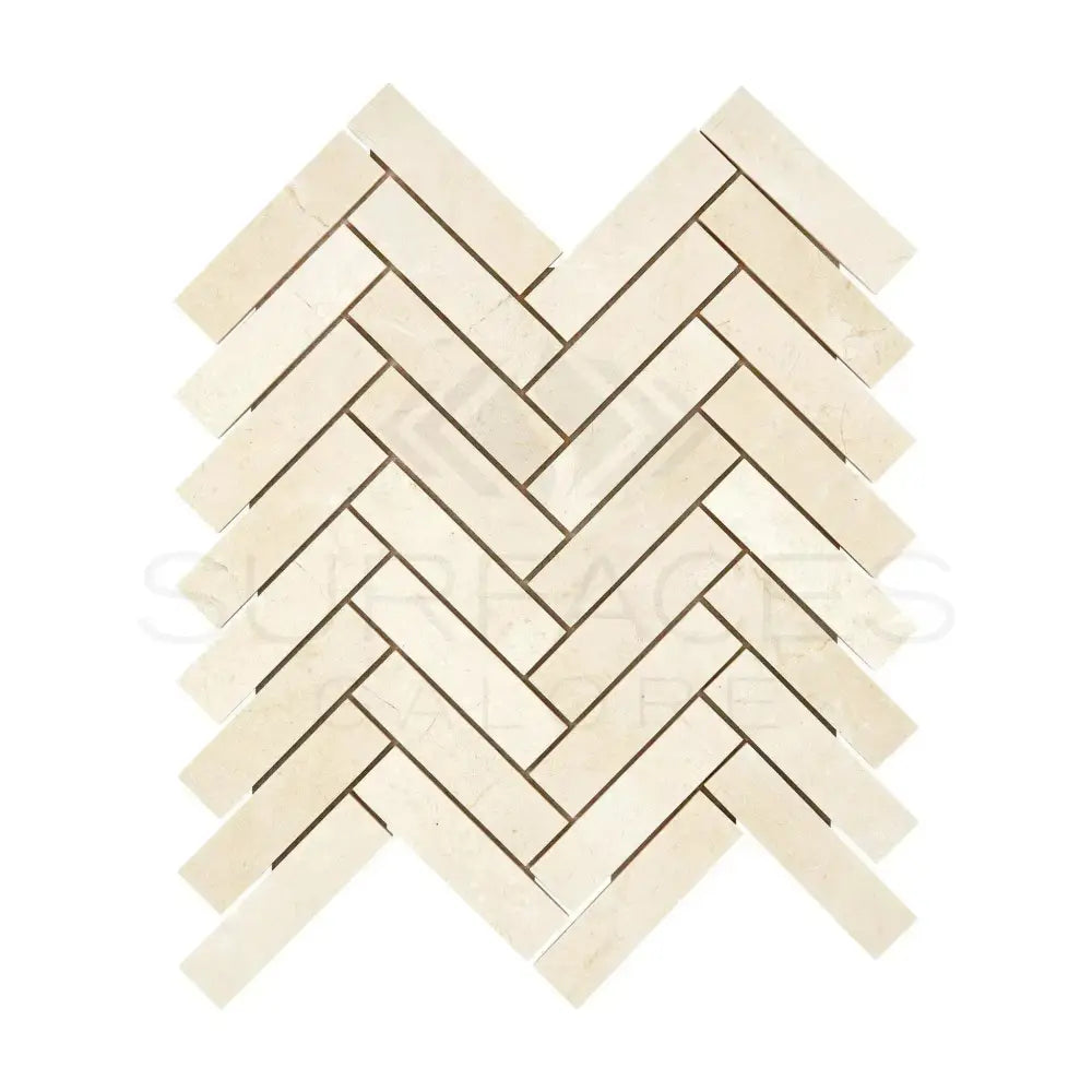 Light-colored Crema Marfil Select Marble herringbone mosaic tiles with polished or honed finish