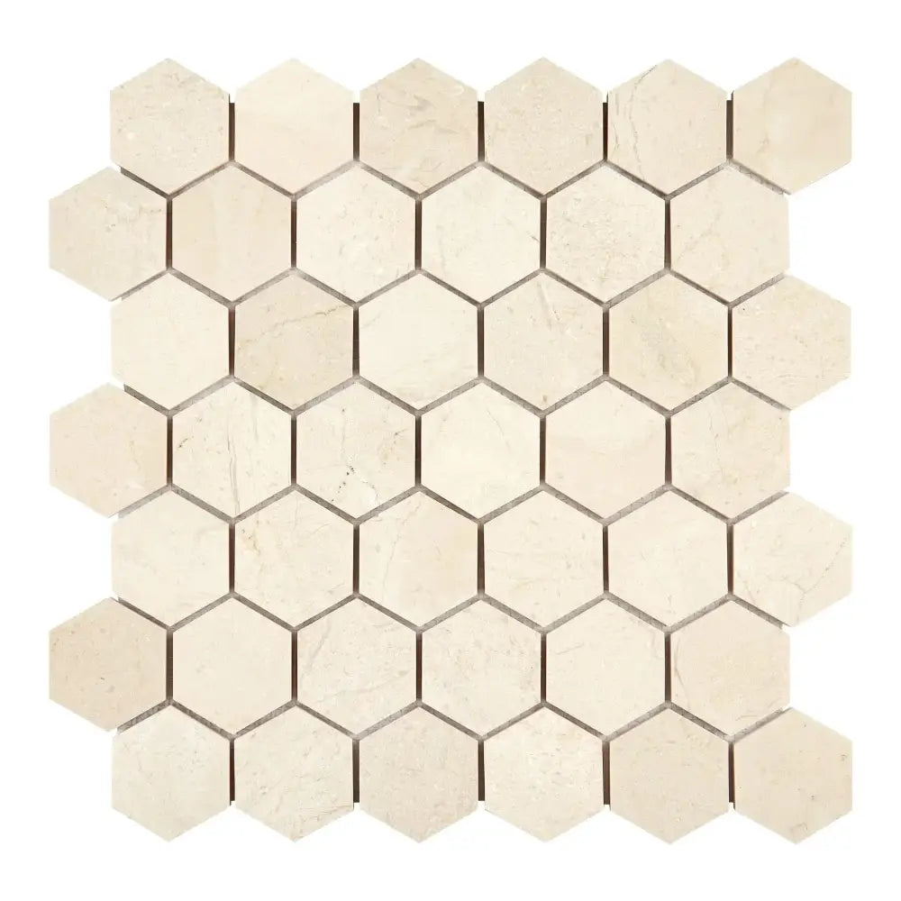 Beige hexagon tile mosaic from Crema Marfil Select Marble 2-inch polished or honed