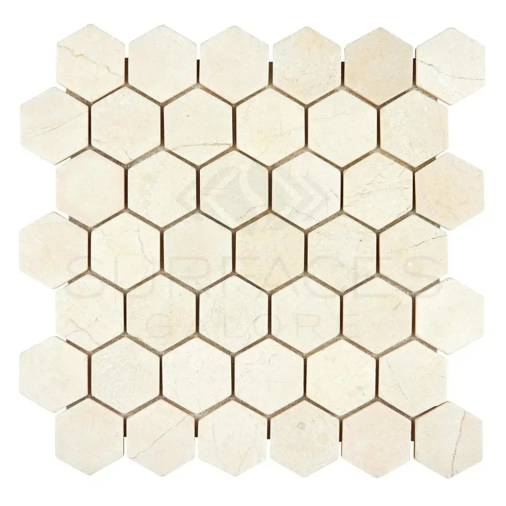 Beige hexagon tile mosaic for Crema Marfil Select Marble 2 inch Tumbled pattern
