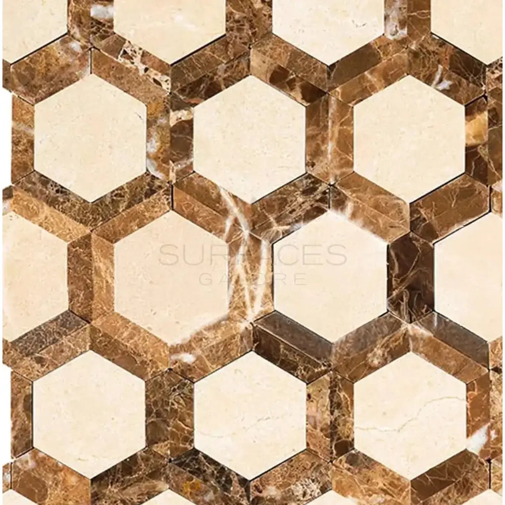 Crema Marfil Select Marble 2" Vortex Hexagon (w/ Emperador Dark) Mosaic Polished-American Stone