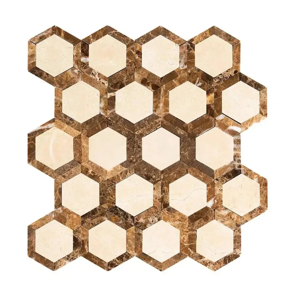 Crema Marfil Select Marble 2" Vortex Hexagon (w/ Emperador Dark) Mosaic Polished-American Stone