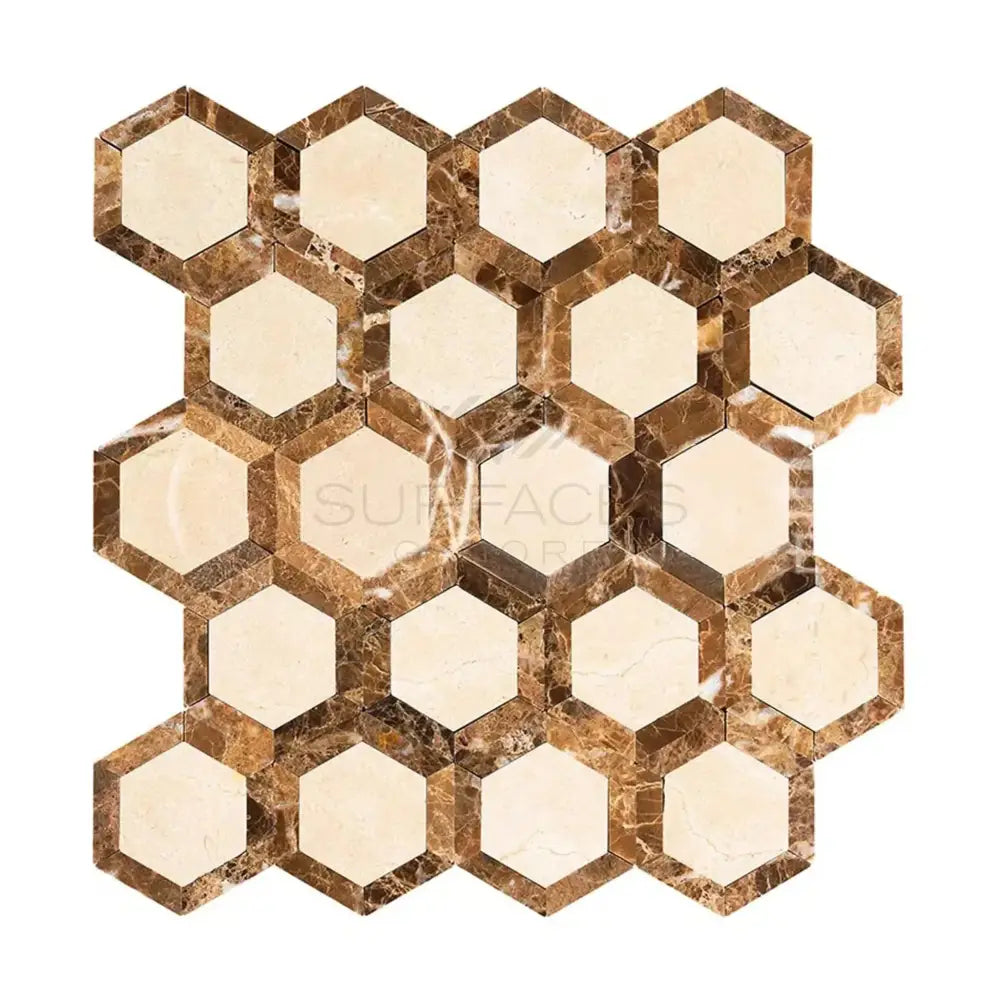 Hexagonal marble mosaic tile with Crema Marfil and Emperador Dark polished finish
