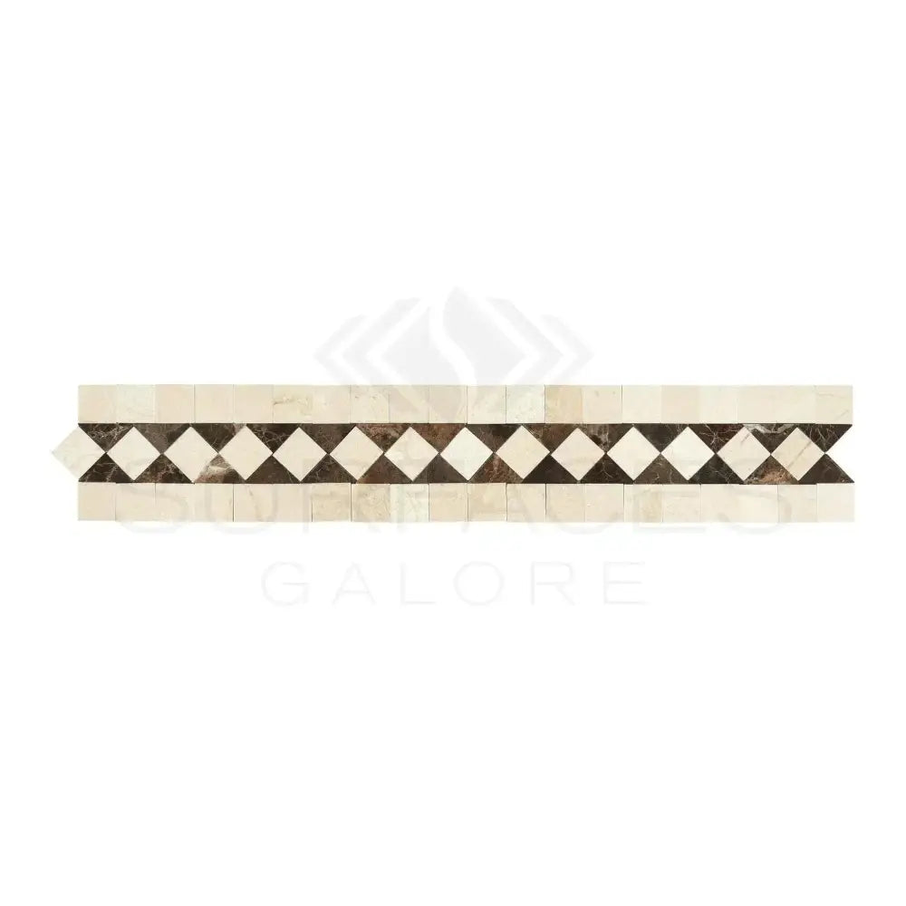 Decorative mosaic tile border from Crema Marfil Select Marble with dark dots and polished finish