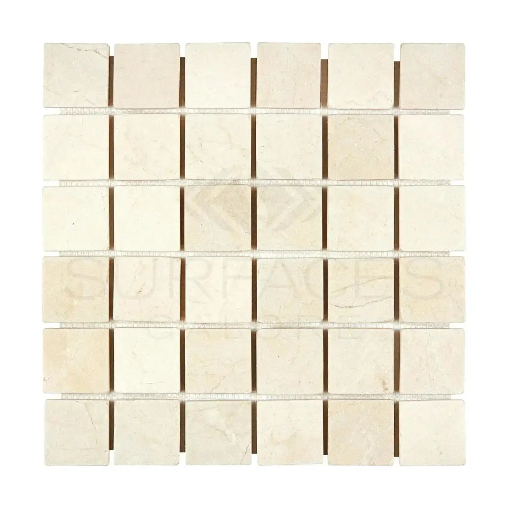 Square mosaic tile sheet of Crema Marfil Select Marble for elegant flooring and backsplash