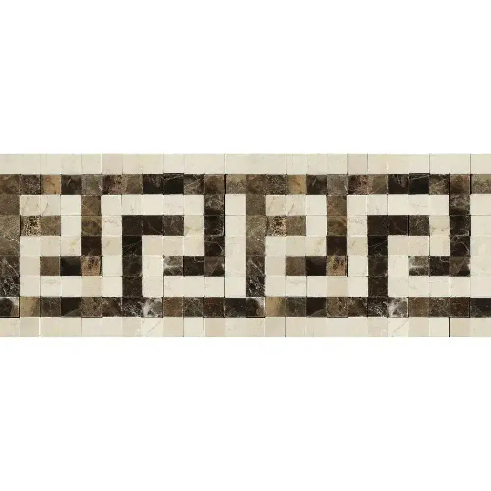 Greek key mosaic border on Crema Marfil Select Marble polished tile