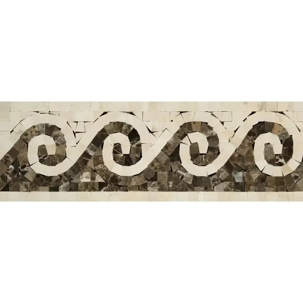 Mosaic tile border with wave pattern on Crema Marfil Select Marble polished surface