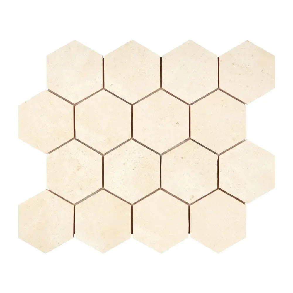 Beige hexagon tile mosaic of Crema Marfil Select Marble 3-inch tumbled style