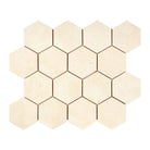 Beige hexagon tile mosaic of Crema Marfil Select Marble 3-inch tumbled style