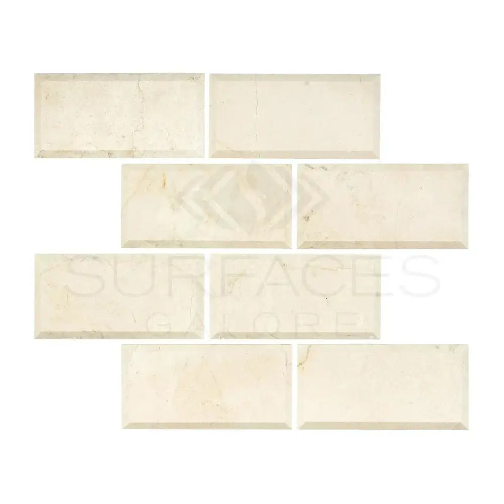 Rectangular beige Crema Marfil Select Marble tiles with deep beveled edges