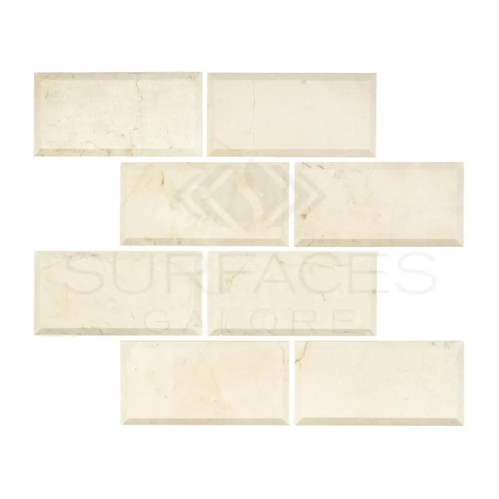 Beveled cream-colored Crema Marfil Select Marble 3x6 tiles polished or honed