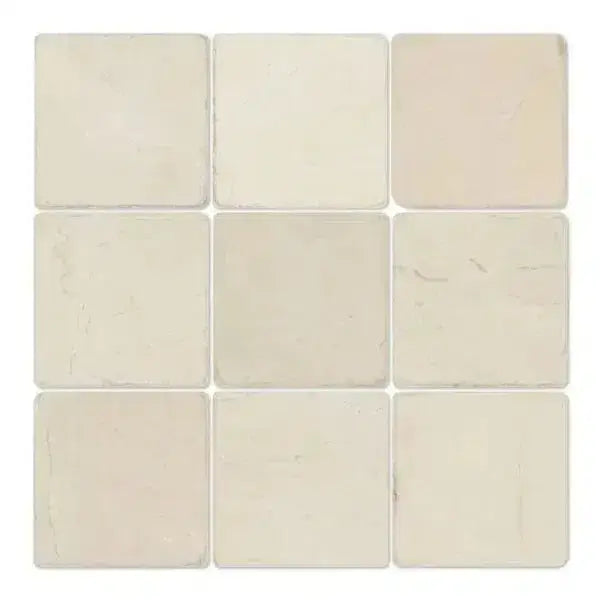 Off-white Crema Marfil Select Marble 4x4 Tumbled tiles arranged in a nine-square pattern