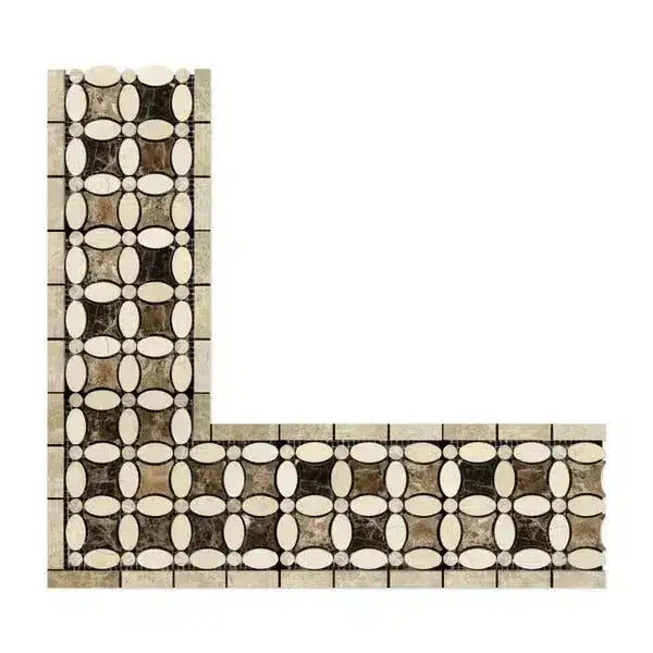L-shaped mosaic tile border in Crema Marfil Select for elegant bathroom or kitchen design