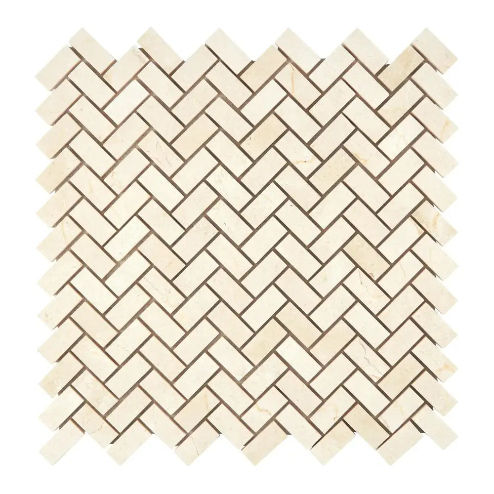 Beige herringbone mosaic tile from Crema Marfil Select Marble 5/8x1 1/4 Mini polished or honed