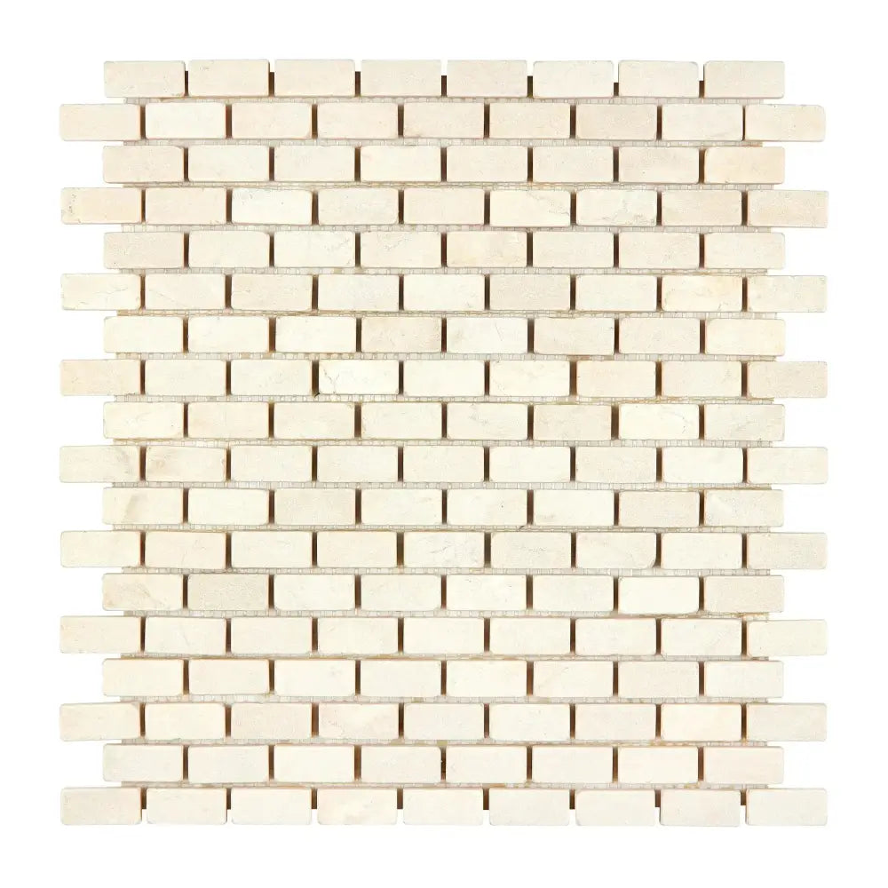 Beige brick mosaic tile from Crema Marfil Select Marble 5/8X1 1/4 Mini-Brick Tumbled