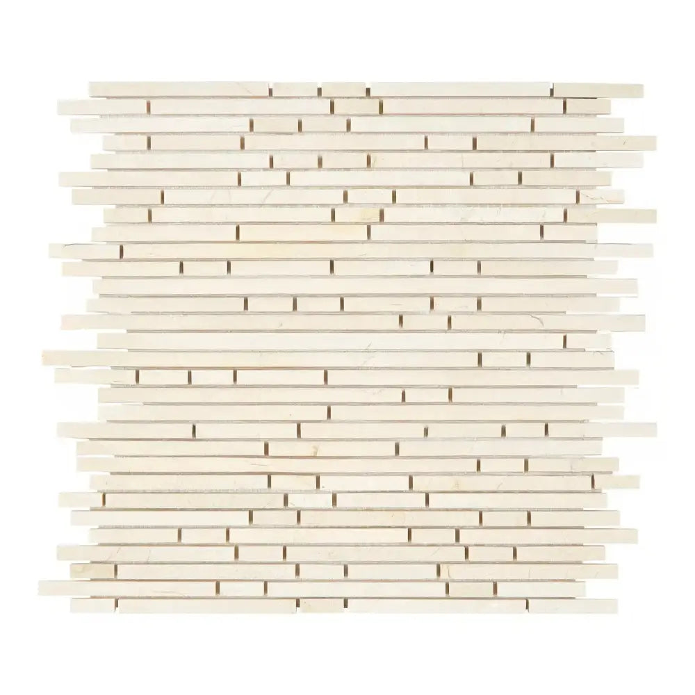 Beige mosaic tile sheet from Crema Marfil Select Marble Bamboo Sticks collection