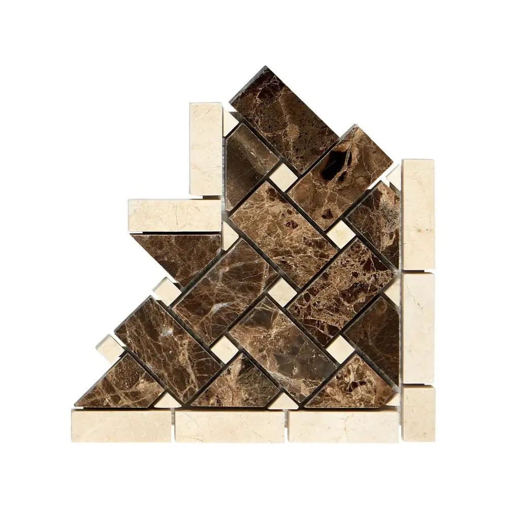 Brown and beige mosaic tile corner from Crema Marfil Select Marble Basketweave Border with dark dots