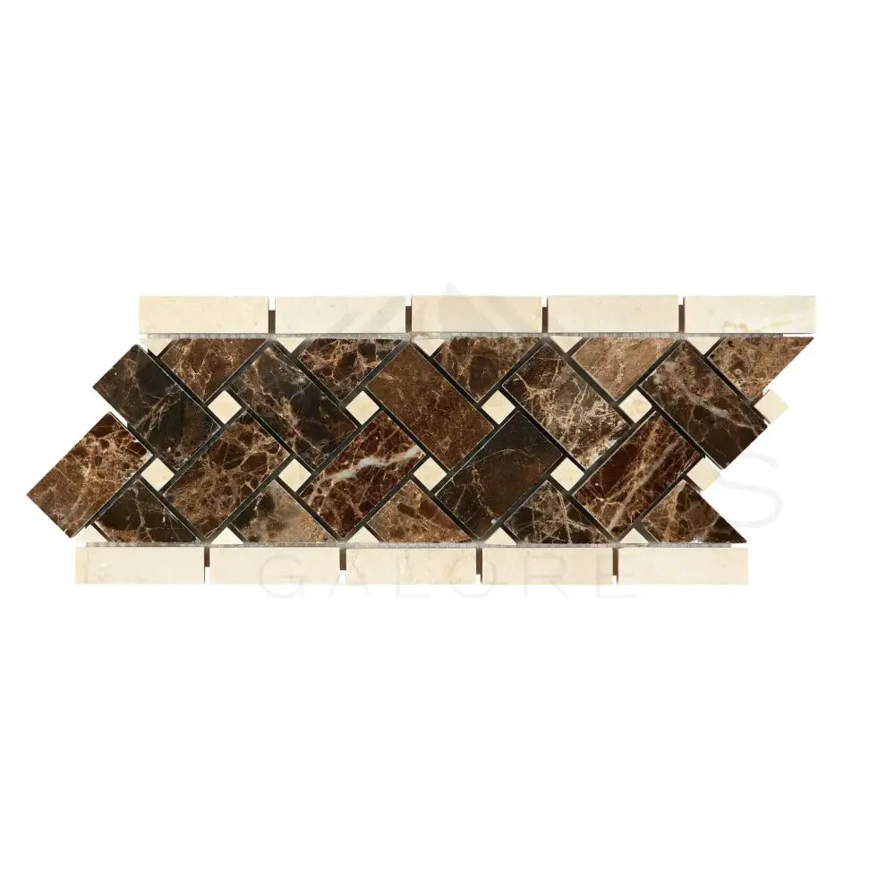 Brown and beige marble mosaic border from Crema Marfil Select Basketweave Mosaic