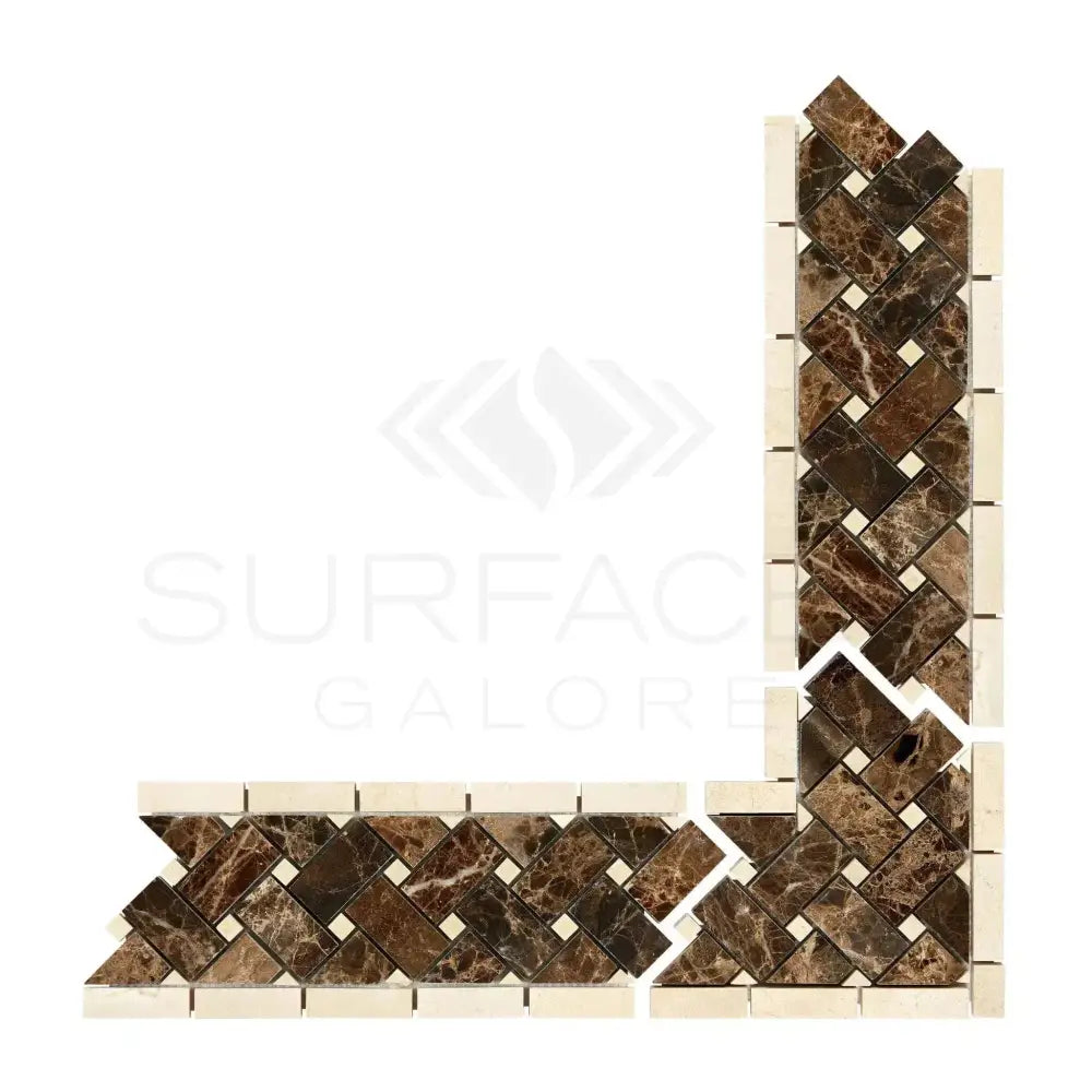 Brown and beige mosaic tile border from Crema Marfil Select Marble Basketweave collection