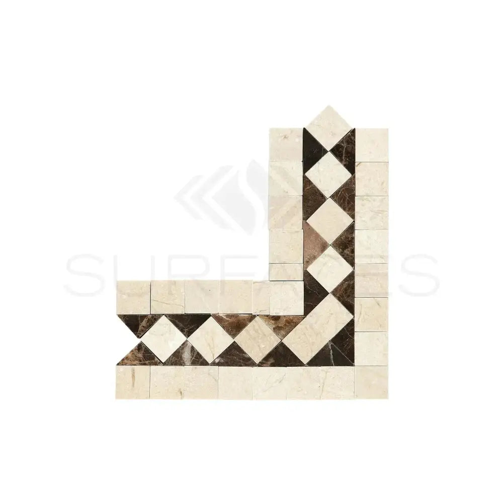 Corner mosaic tile design on Crema Marfil Select Marble BIAS Border Corner with Dark Dots