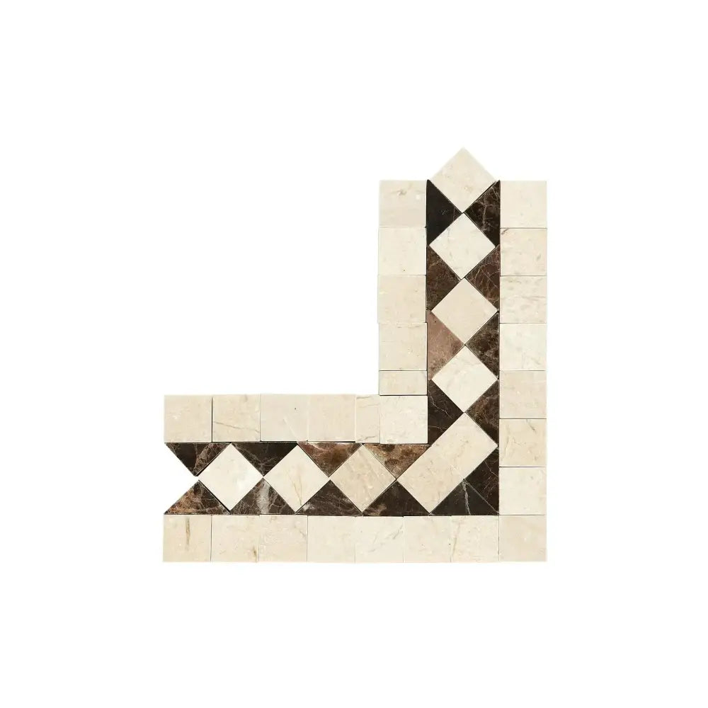 Corner mosaic tile border from Crema Marfil Select Marble with dark dots and polished finish