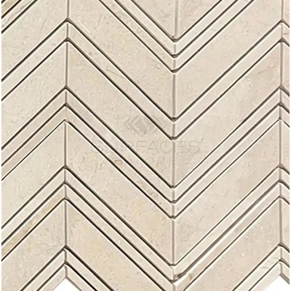 Chevron patterned stone tile in Crema Marfil Select Marble Mosaic polished or honed finish