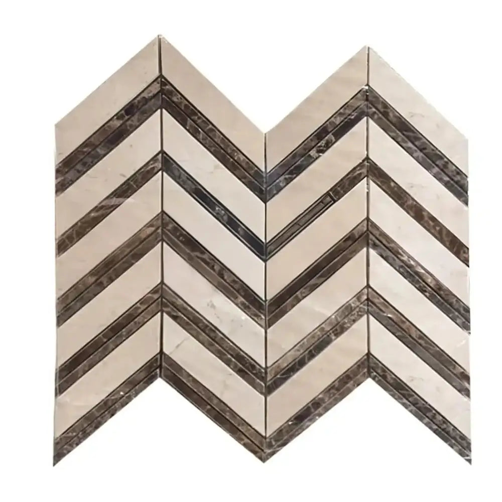 Chevron patterned Crema Marfil Select Marble tile with dark accents in polished or honed finish