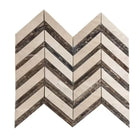 Chevron patterned Crema Marfil Select Marble tile with dark accents in polished or honed finish