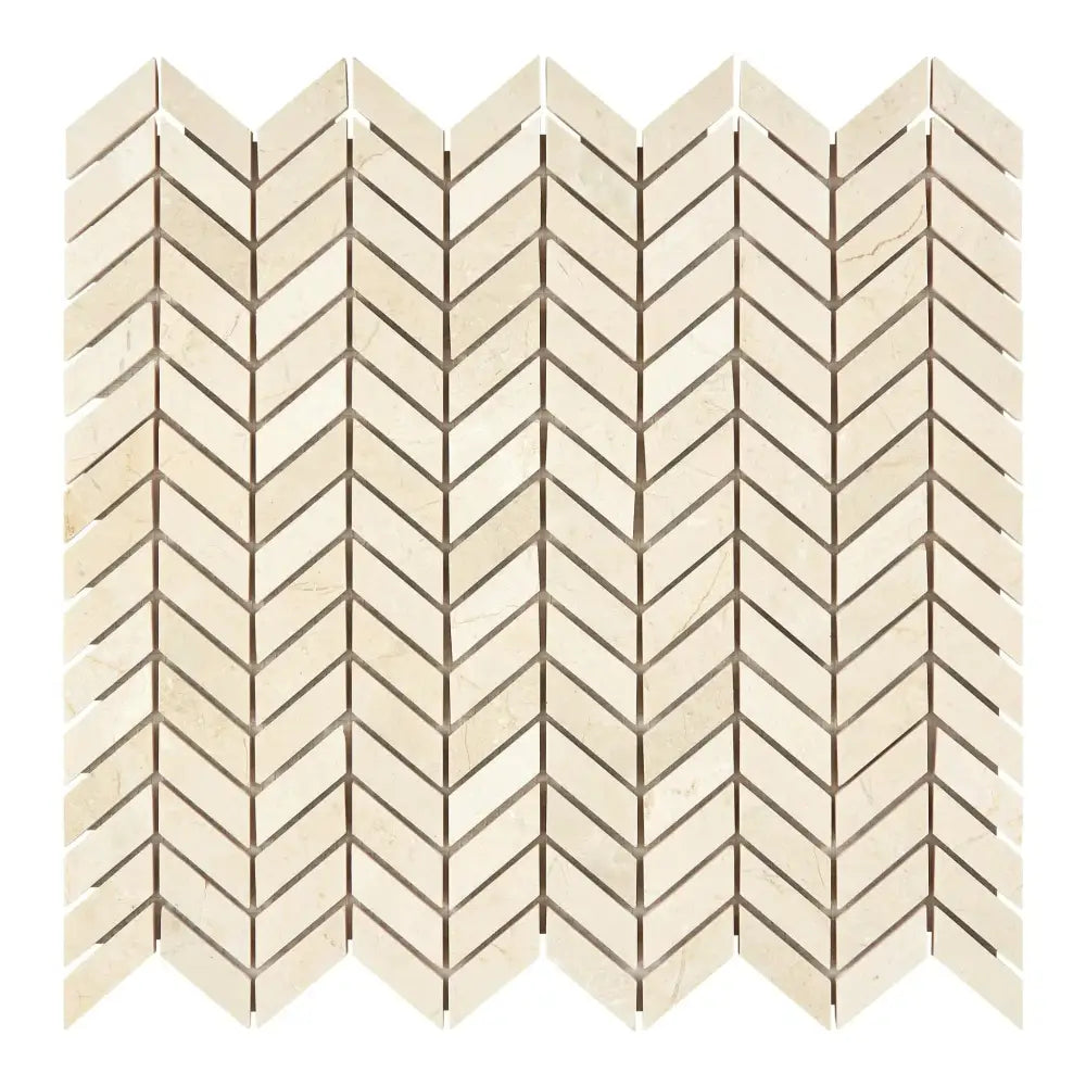 Chevron pattern tile mosaic in Crema Marfil Select Marble for elegant flooring or walls