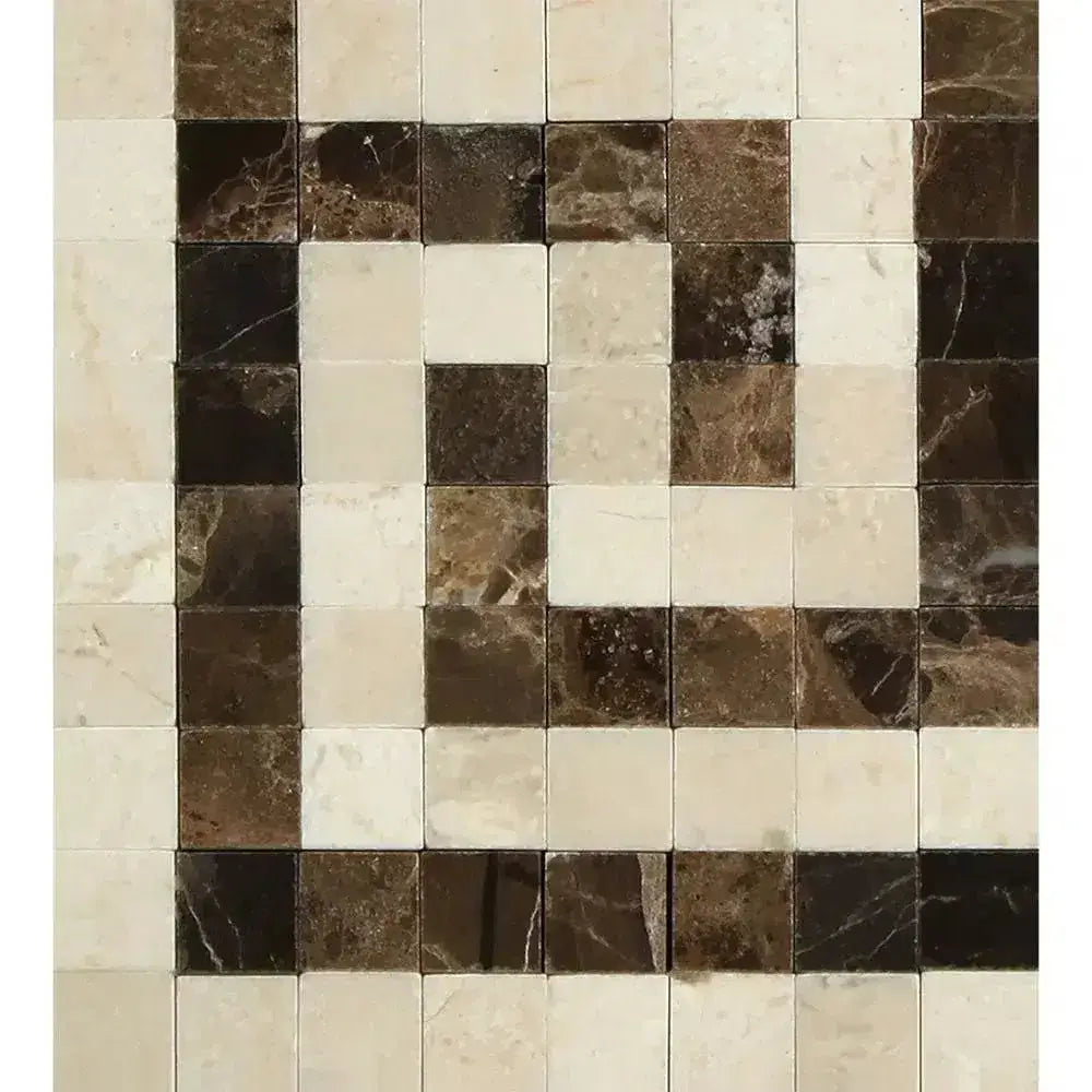 Square marble mosaic tile pattern with Crema Marfil Select and Emp. Dark accents