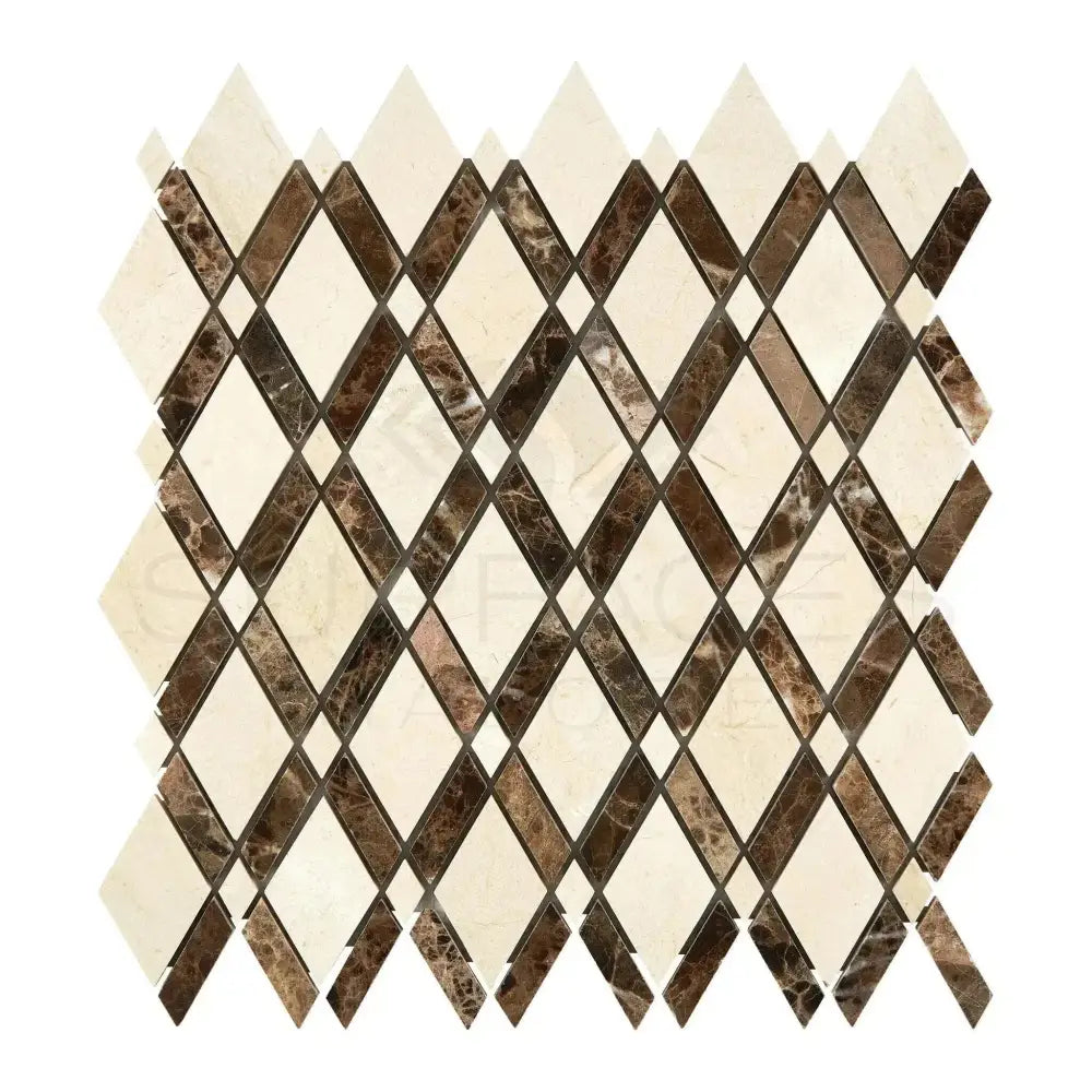 Diamond-patterned mosaic tile sheet of Crema Marfil Select Marble and Emperador Dark