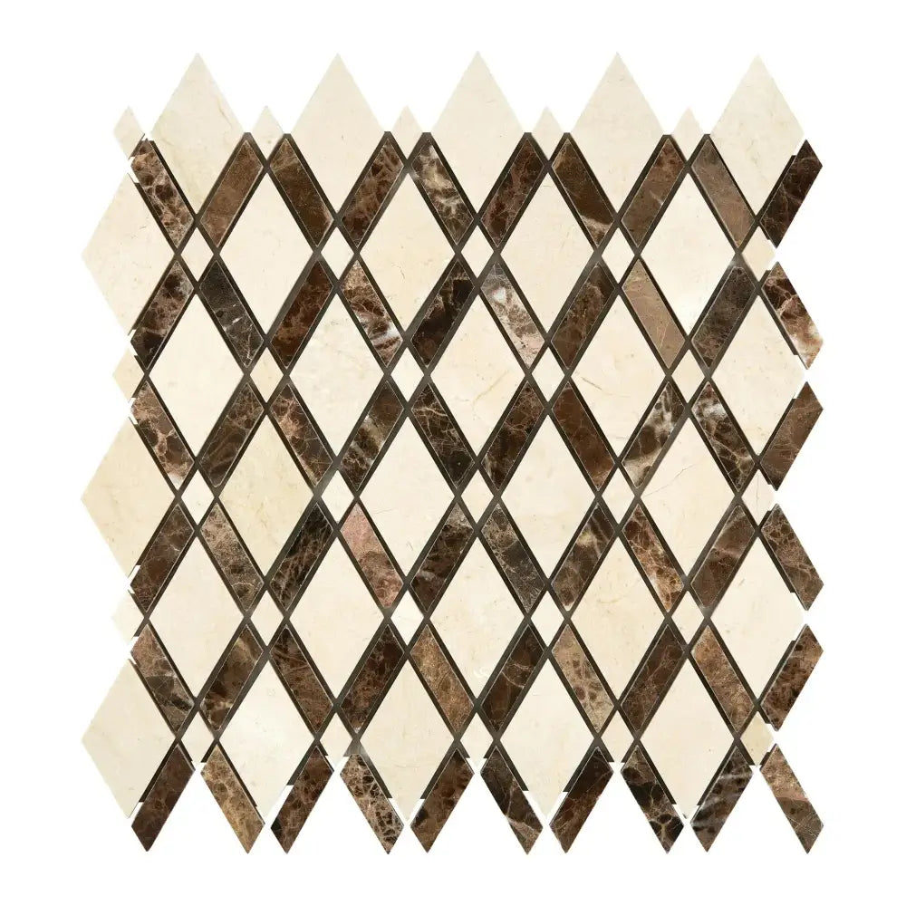 Diamond-patterned mosaic tile sheet featuring Crema Marfil Select Marble and Emperador Dark polished or honed