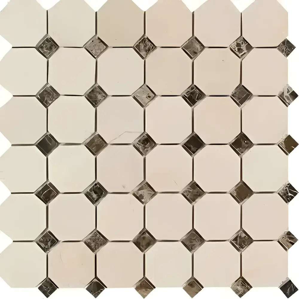 Crema Marfil Select Marble Octagon and Diamond Tile Mosaic with Dark Dots