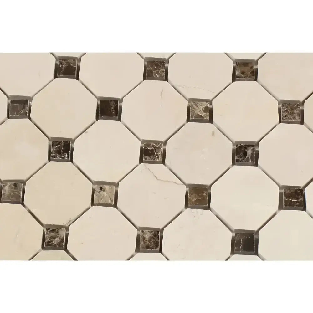 Crema Marfil Select Marble Octagon and Square Tile Pattern with Dark Dots Mosaic