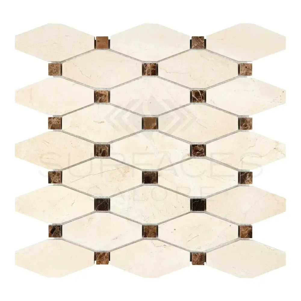 Decorative mosaic tile featuring Crema Marfil Select Marble Octave with dark dot accents