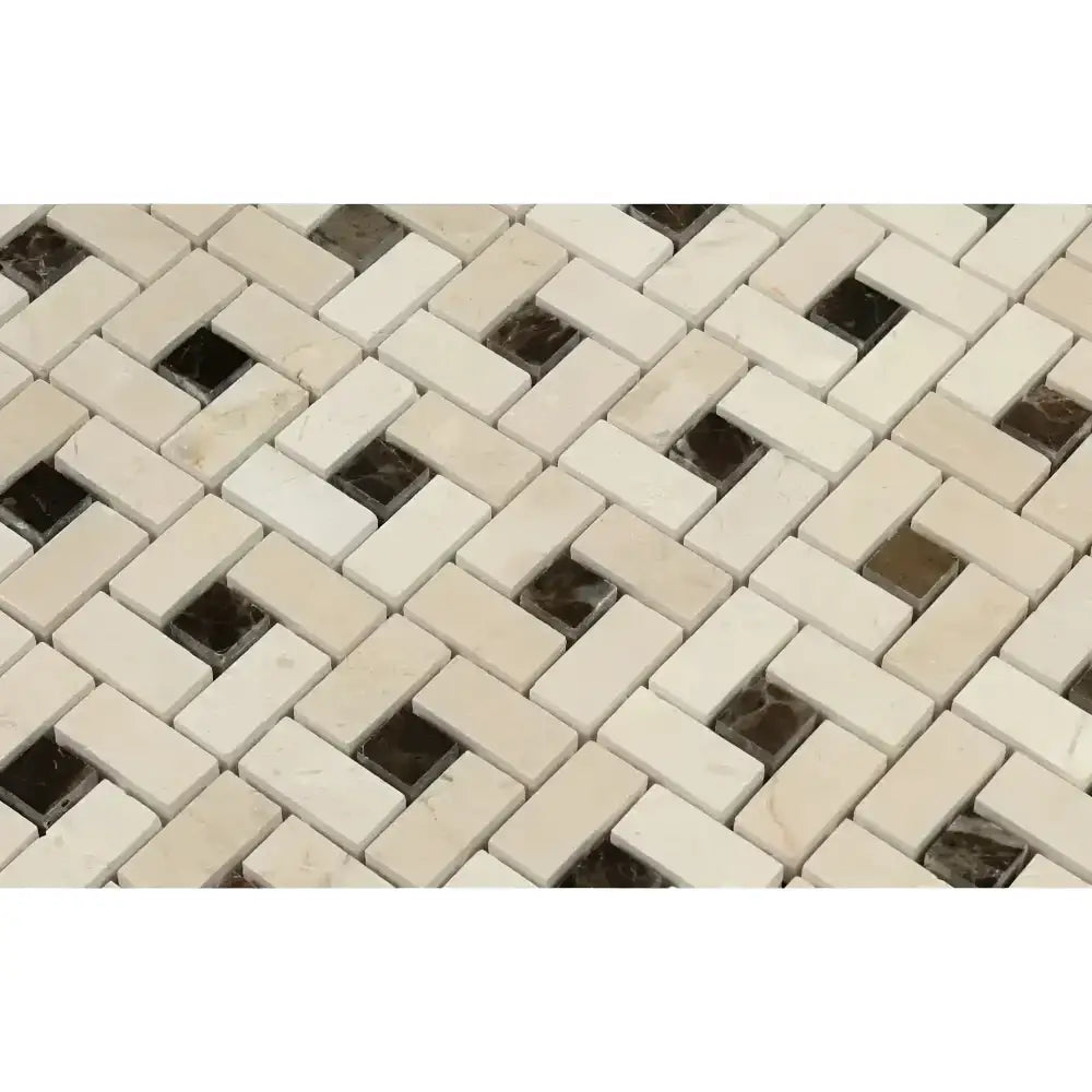 Interlocking Beige and Brown Tile Pattern in Crema Marfil Select Marble Pinwheel Mosaic