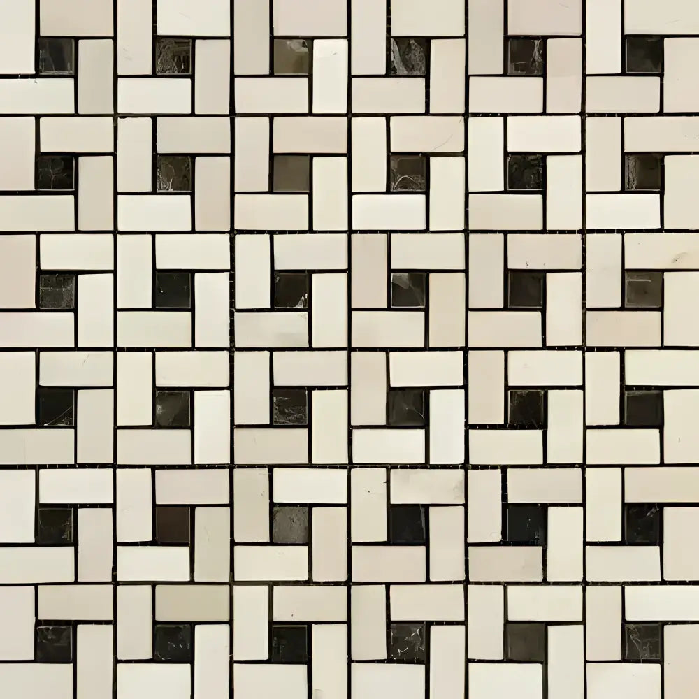 Mosaic tile pattern with Crema Marfil Select Marble Pinwheel design and dark dots
