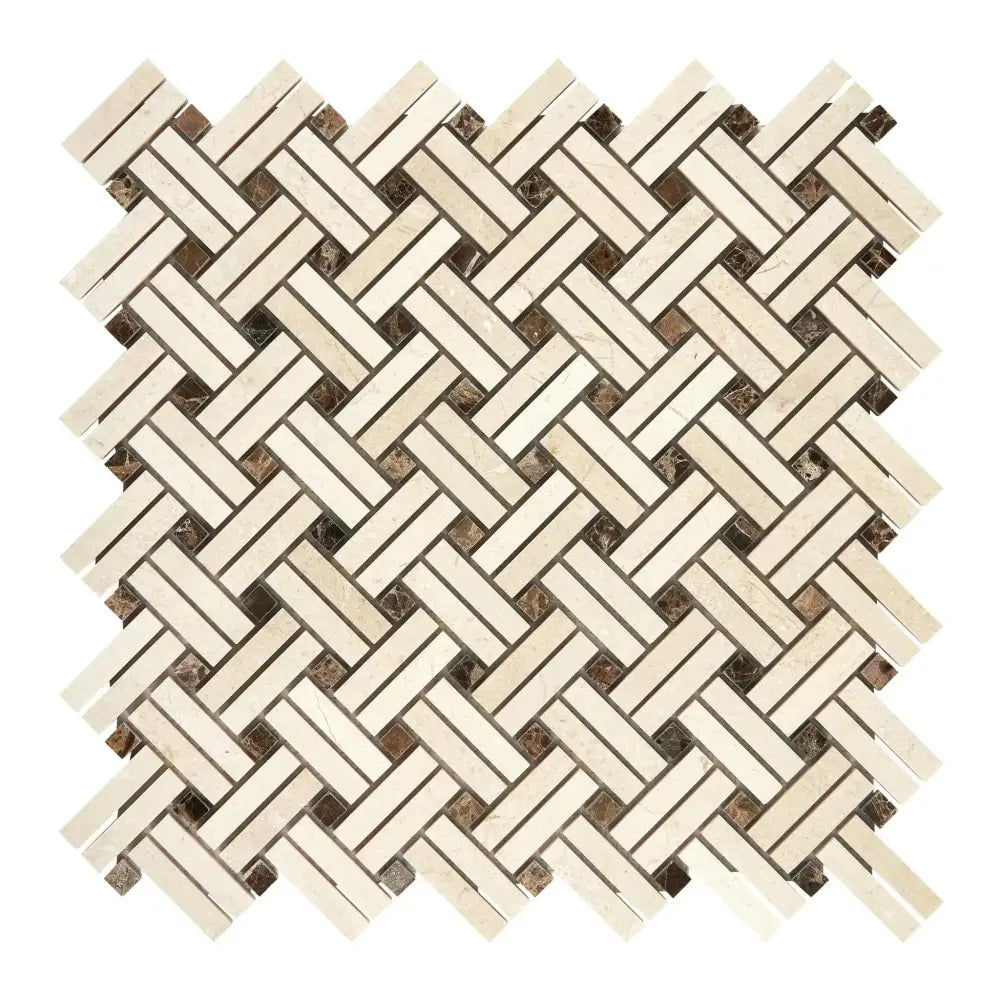 Woven pattern of beige and brown mosaic tiles from Crema Marfil Select Marble Stanza