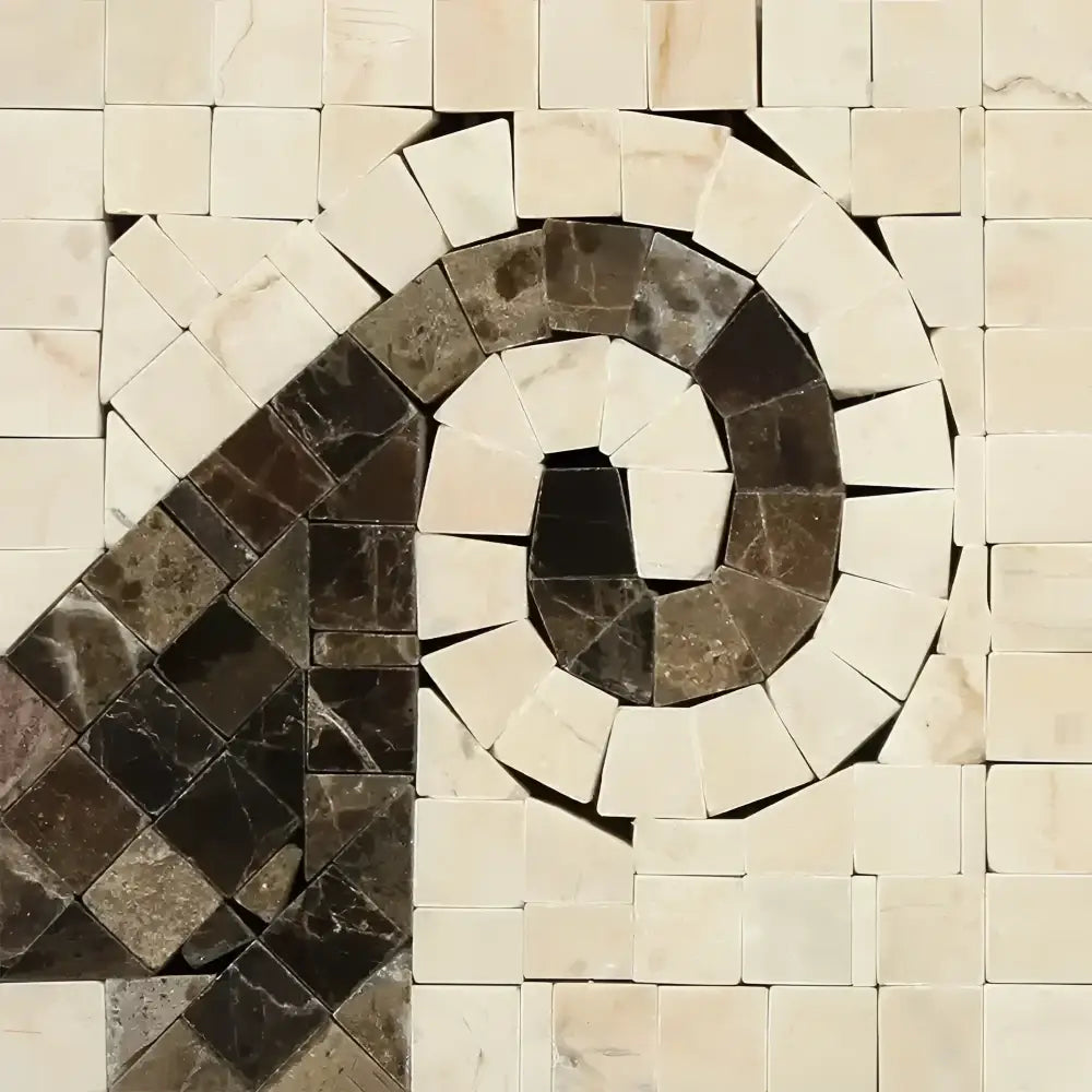 Mosaic tile spiral design on Crema Marfil Select Marble Wave Border Corner polished