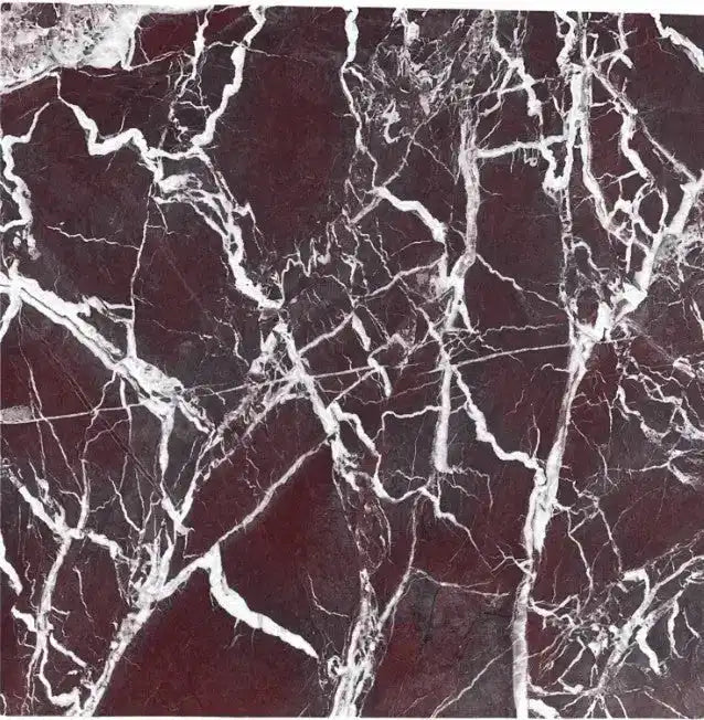 Dark red marble with prominent white veins.