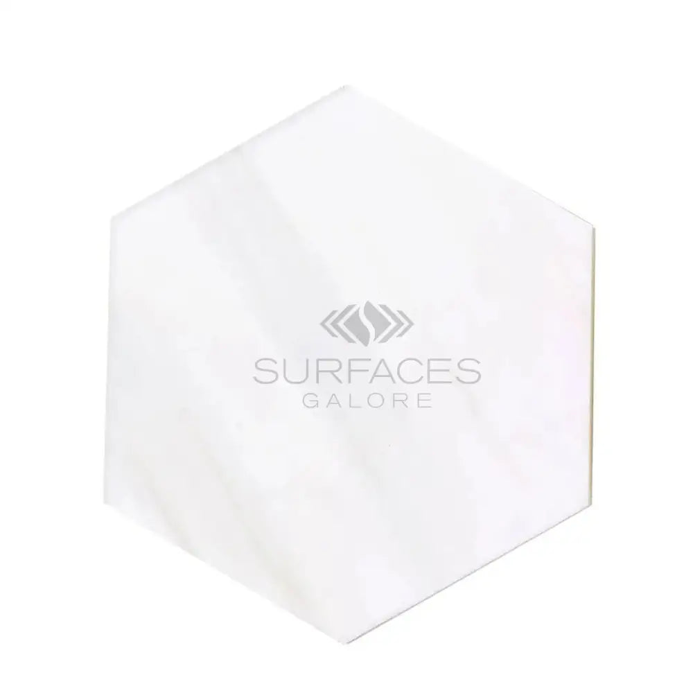 White hexagonal marble tile from Dolomite Prestige 10-inch mosaic in polished or honed finish