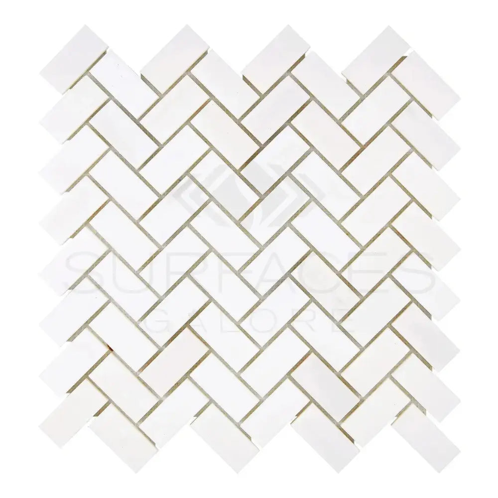 White herringbone tile pattern on Dolomite Prestige Marble Mosaic for elegant flooring and walls