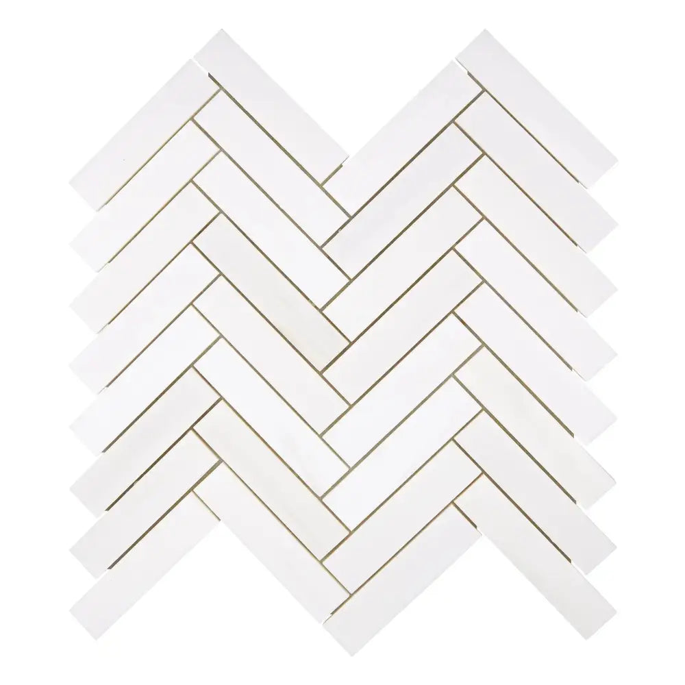 White herringbone tile pattern of Dolomite Prestige Marble mosaic for elegant flooring