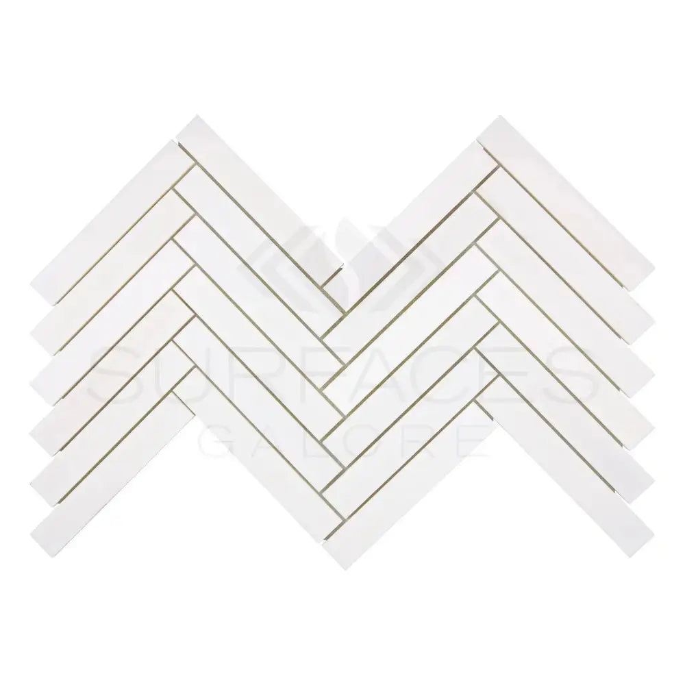 White Herringbone Tile Pattern in Dolomite Prestige Marble Mosaic for elegant flooring