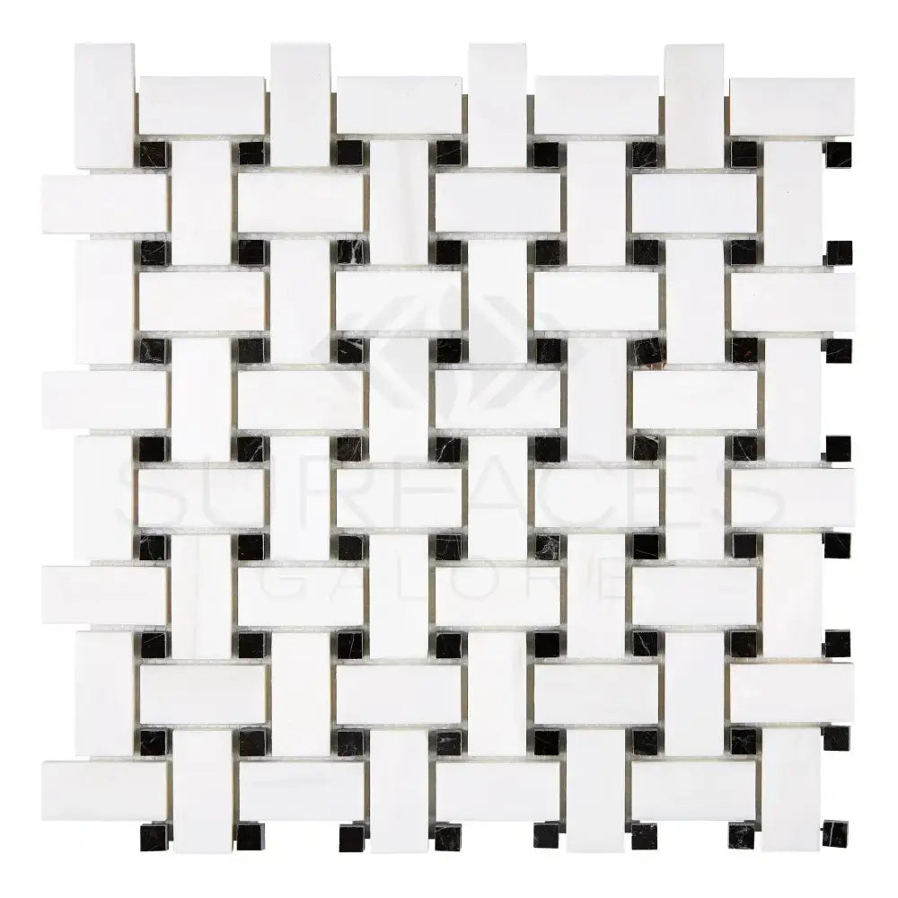 Dolomite White Prestige (White Dolomite) Basketweave w/ Black Mosaic Marble-American Stone