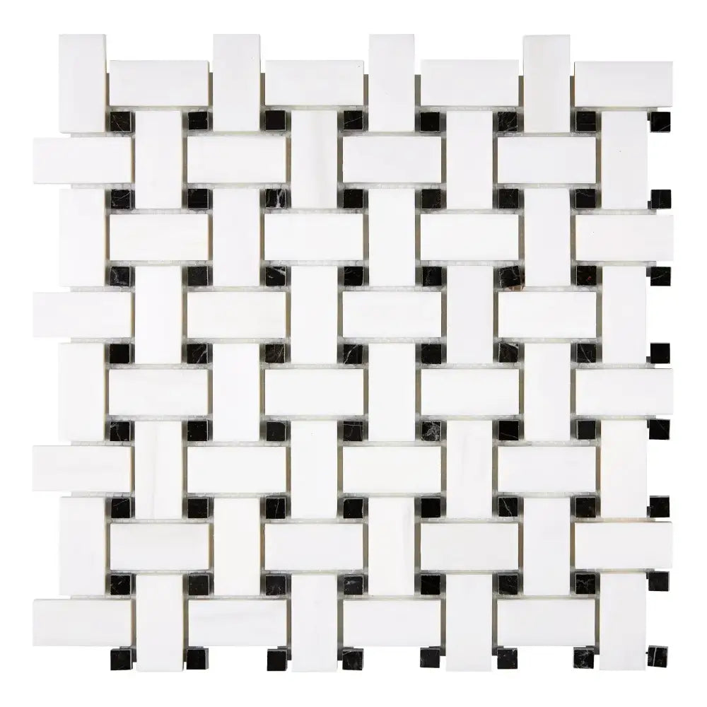 Dolomite White Prestige (White Dolomite) Basketweave w/ Black Mosaic Marble-American Stone