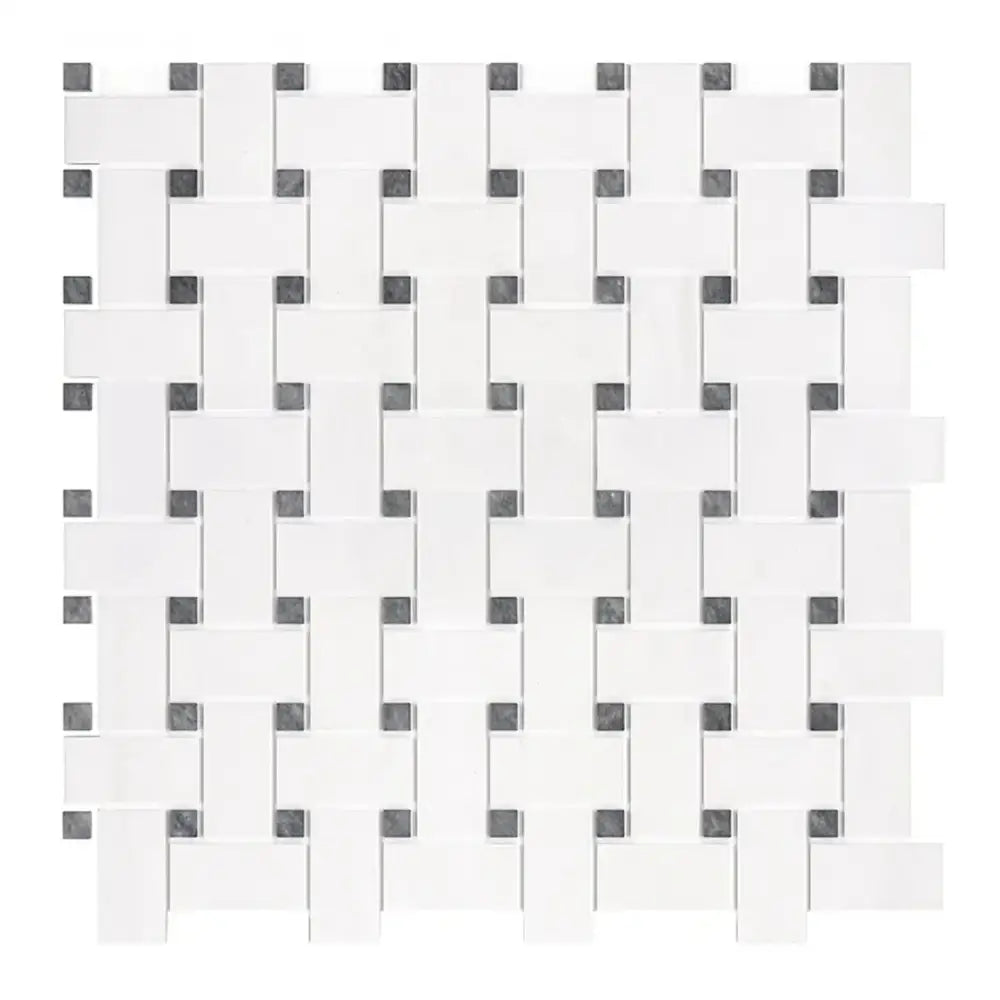 Dolomite White Prestige (White Dolomite) Basketweave w/ Blue-Gray Mosaic Marble-American Stone