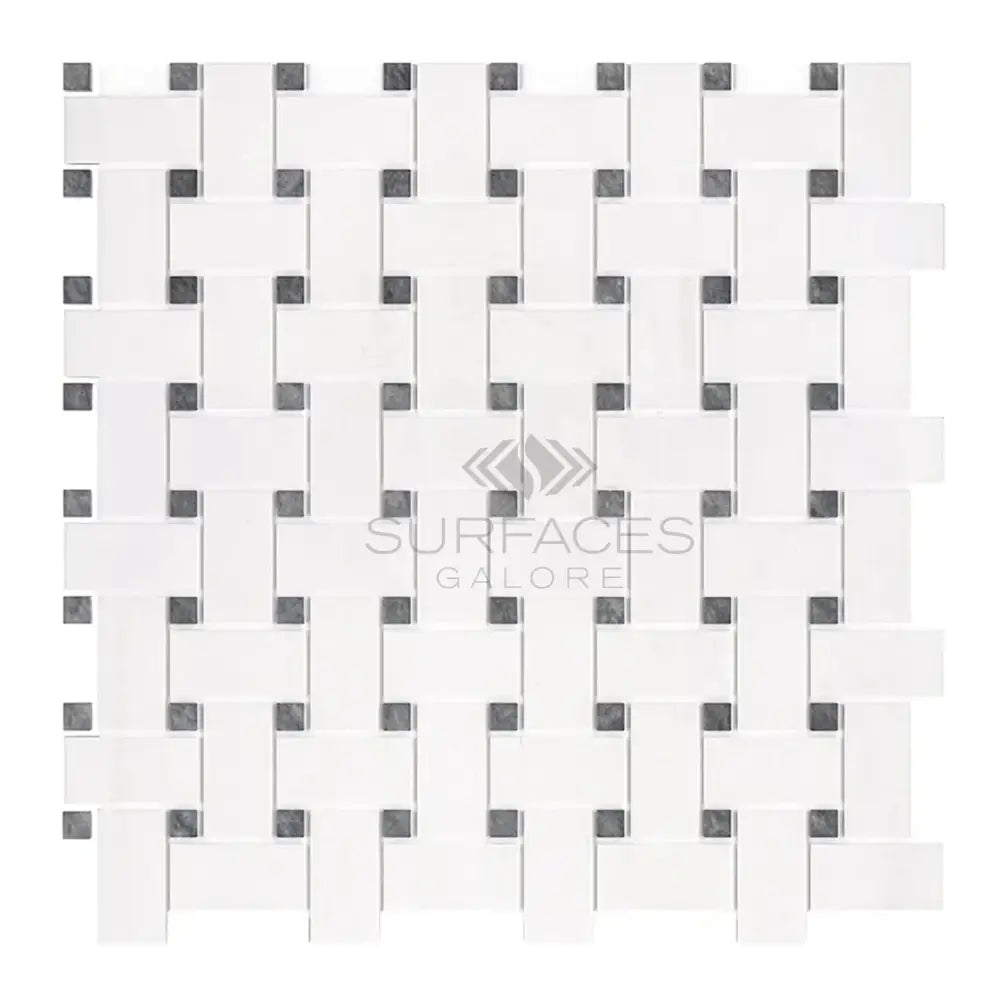 White and gray woven mosaic tile from Dolomite Prestige Basketweave with blue-gray marble