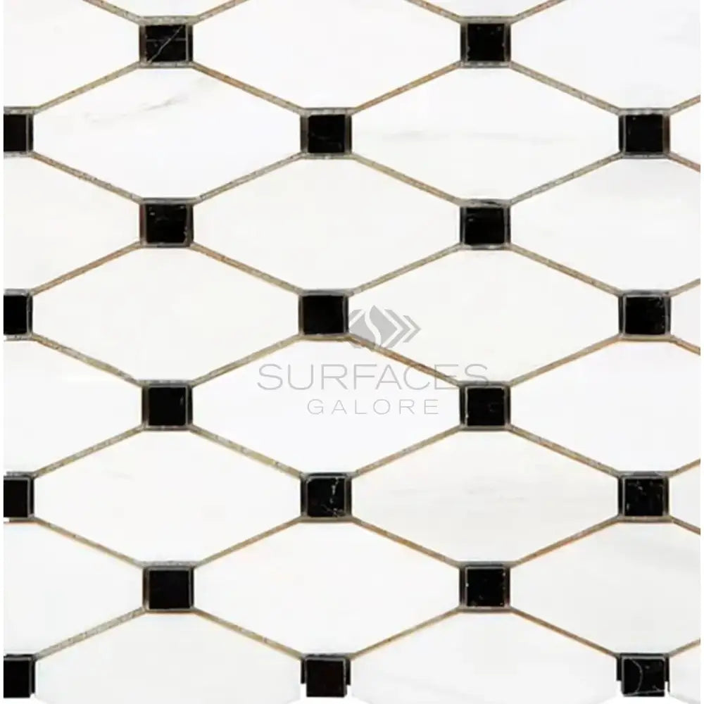 Dolomite White Prestige (White Dolomite) Octave (Long Octagon)w/Black Mosaic Marble-American Stone